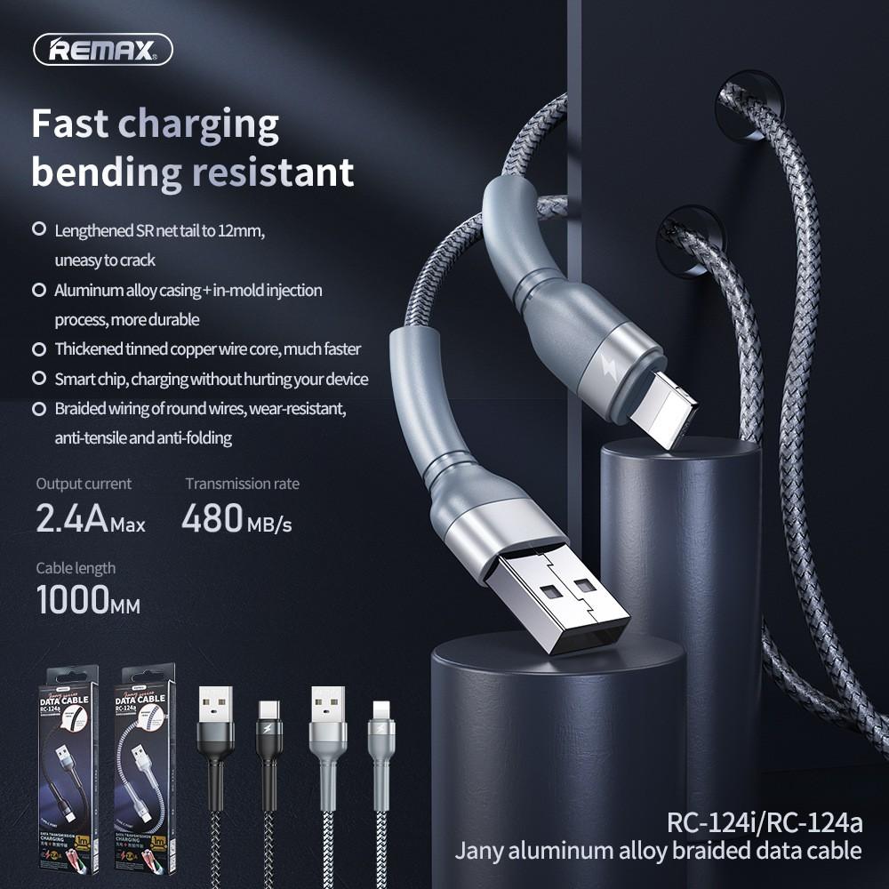 Cáp sạc và truyền data Remax RC-124m Micro-USB / RC-124i Lightning / RC-124a TypeC 2.4A dài 1M (HÀNG CHÍNH HÃNG)