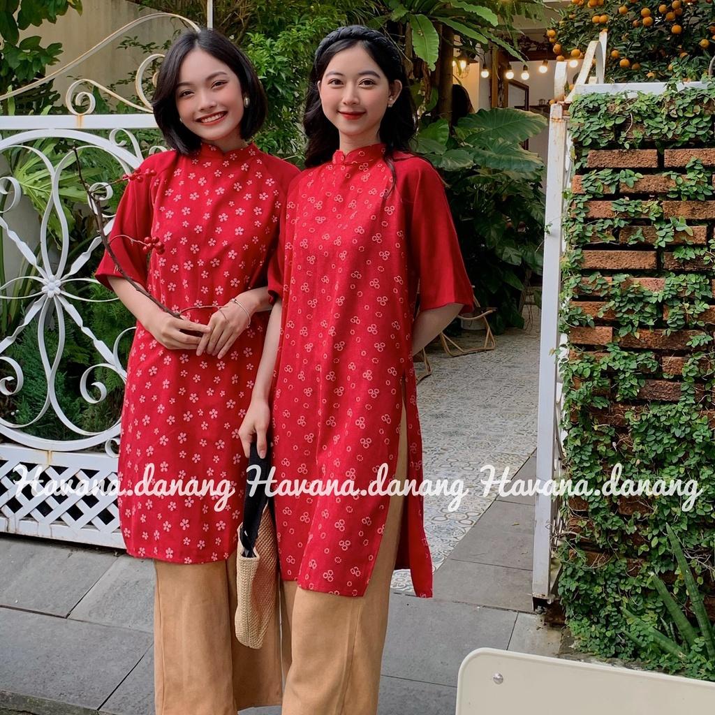 Áo dài cách tân họa tiết, áo dài nhung tăm dáng suông tay lửng