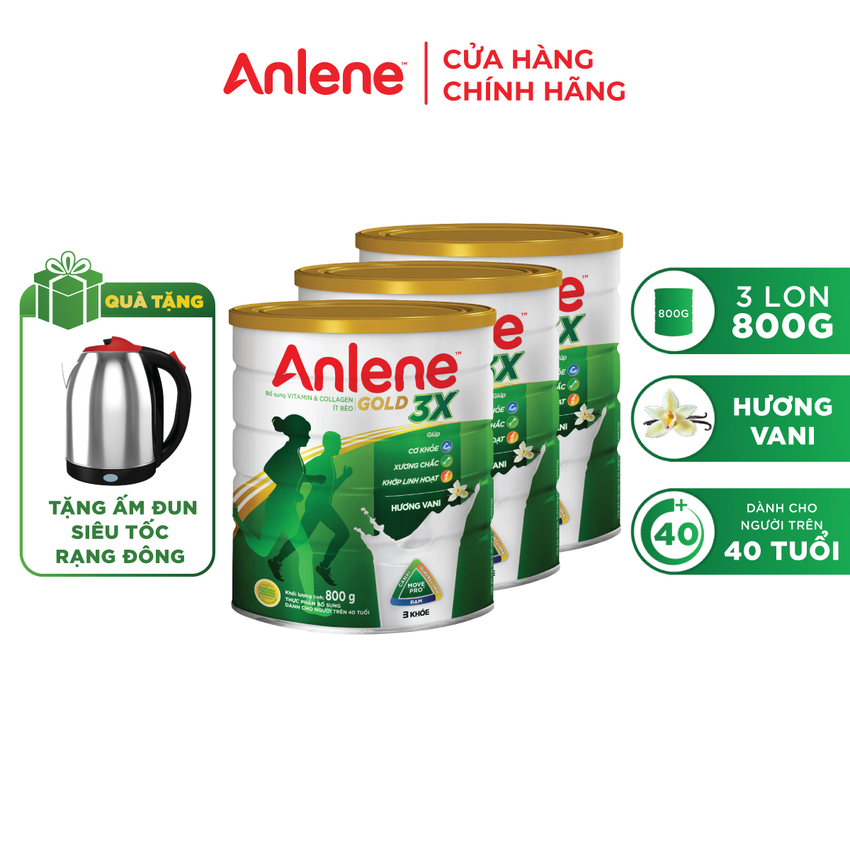 Combo 03 Sữa Bột Anlene Gold 3X Hương Vanilla (Hộp thiếc 800g) - Tặng nồi inox