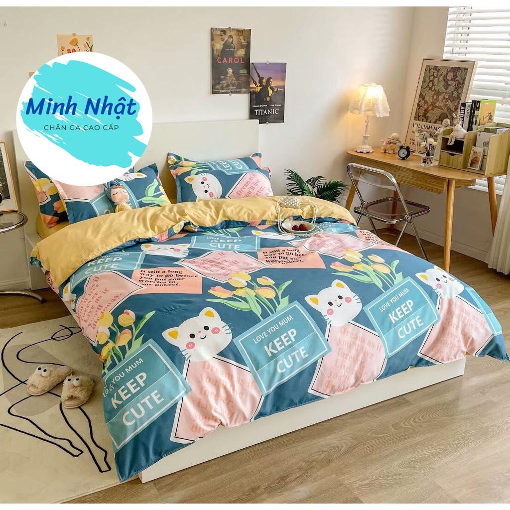Bộ chăn ga gối Cotton Poly Minh Nhật Mèo hoa, vỏ chăn mền, drap giường và 2 vỏ gối