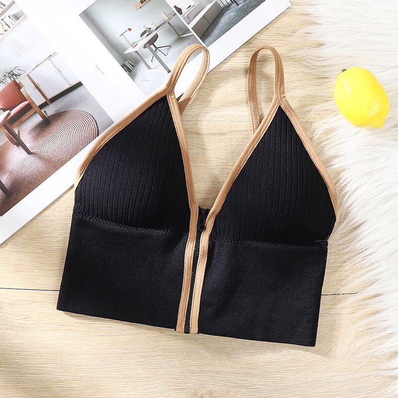 Áo Tập Bra Hai Dây Nữ Kéo Khóa Trước CopTop Dáng Ôm Dệt Kim Len Tăm Có Mút Ngực PINKBOUTIQUE