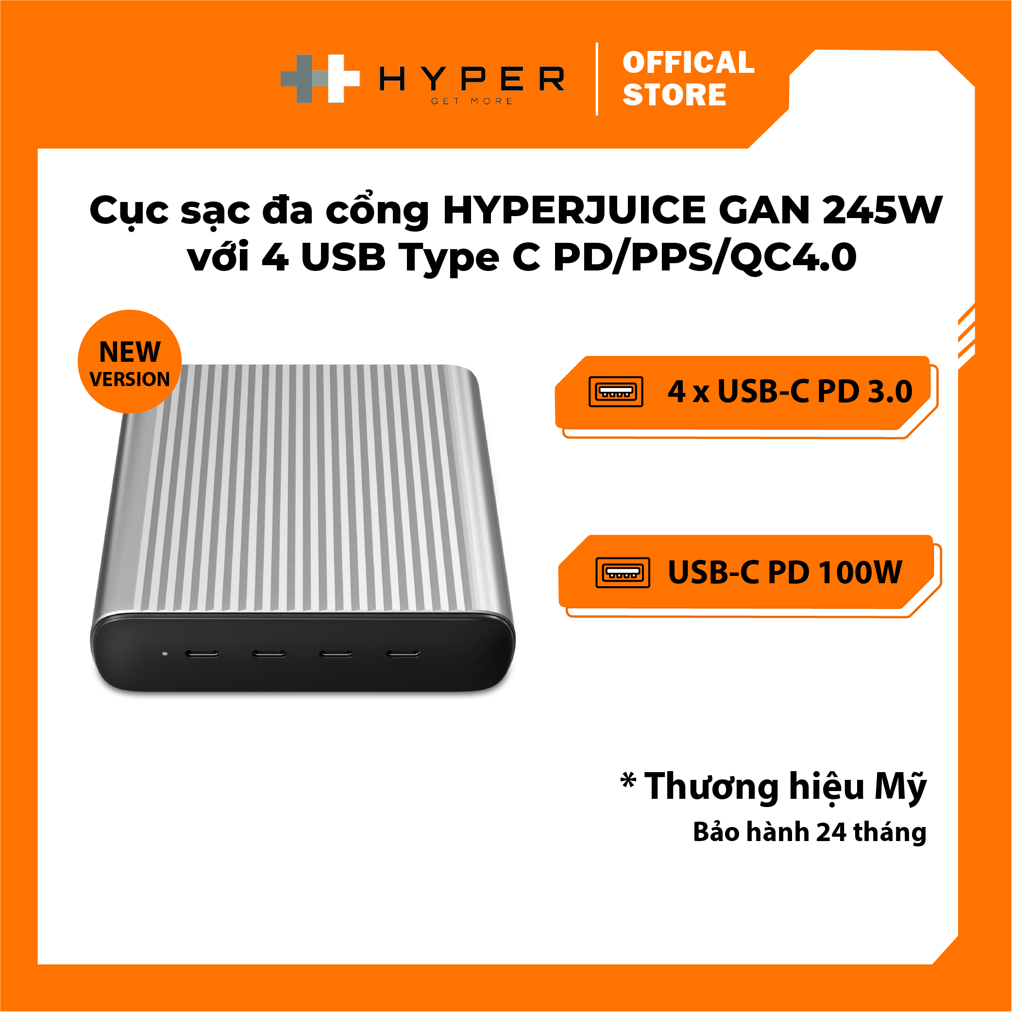 SẠC ĐA CỔNG HYPERJUICE GAN 245W CHARGER 4 USB-C PD/PPS/QC4.0 NHỎ NHẤT THẾ GIỚI GAN245 - Hàng Chính Hãng