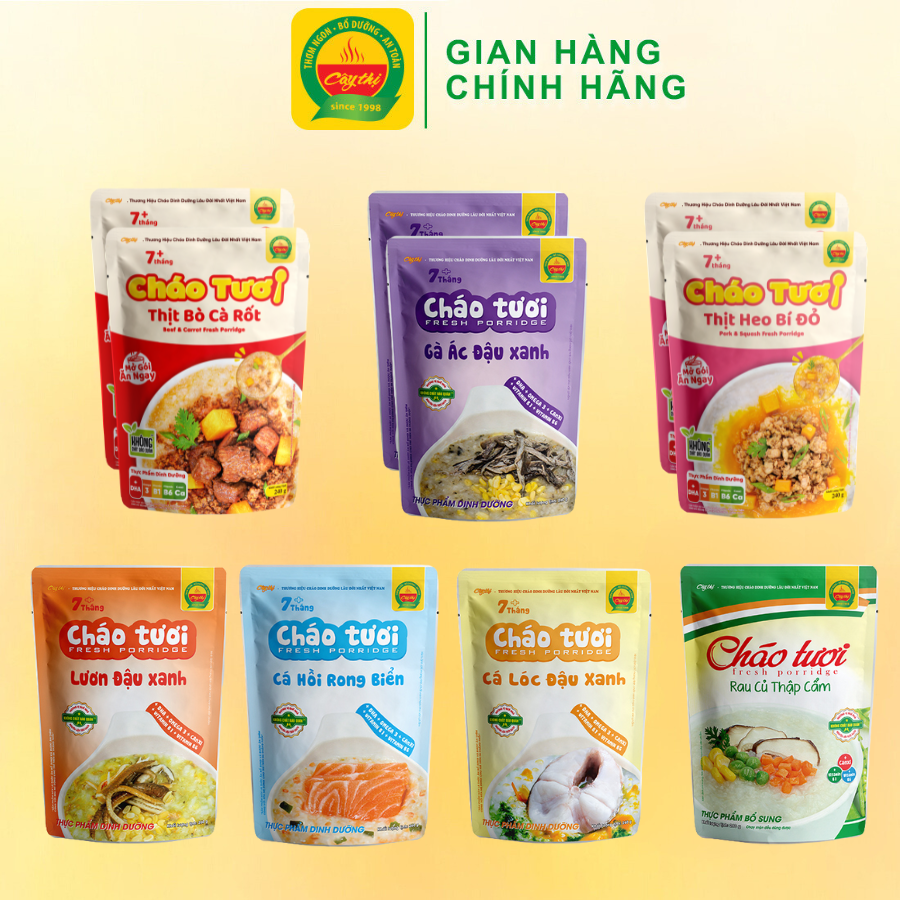 Combo 10 Gói Cháo Tươi Cây Thị: 2 Gà Ác Đậu Xanh, 2 Thịt Bò, 2 Thịt Heo, 1 Cá Hồi, 1 Cá Lóc, 1 Lươn Đậu Xanh, 1 Rau Củ