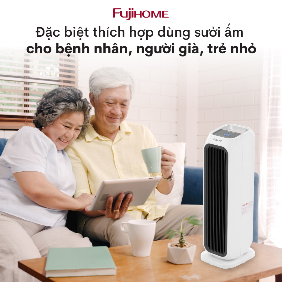 Máy sưởi gốm không khô da nhập khẩu điều khiển từ xa FUJIHOME FH3000M, Quạt sưởi gốm Ceramic tự ngắt tiết kiệm điện- Hàng chính hãng