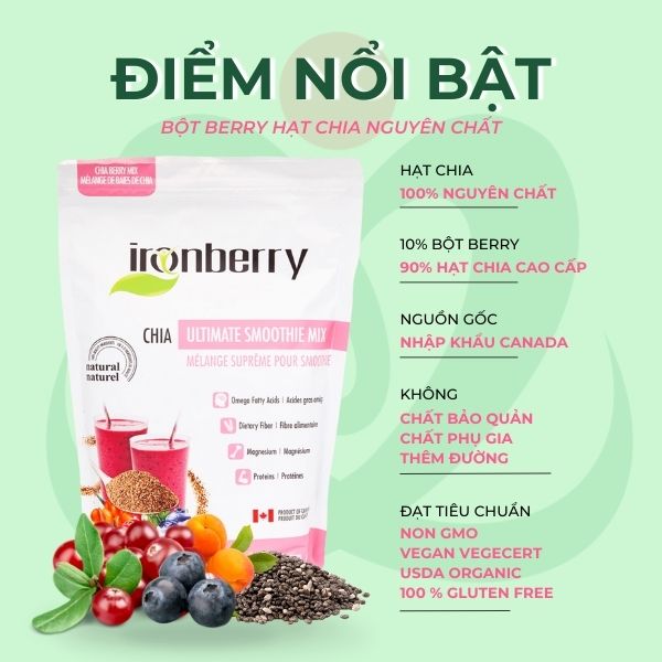 Bột hỗn hợp berry và hạt chia nguyên chất IRONBERRY thực phẩm thuần chay Không GMO, Không Gluten, Ăn kiêng Ko