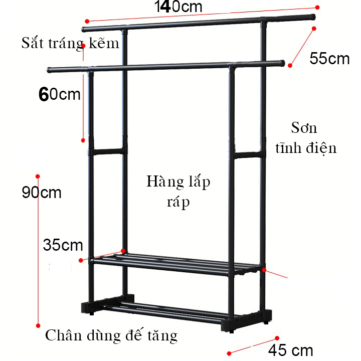 Giá/ Sào phơi đồ sơn tĩnh điện có kệ - chịu lực 200kg - Giá tại xưởng