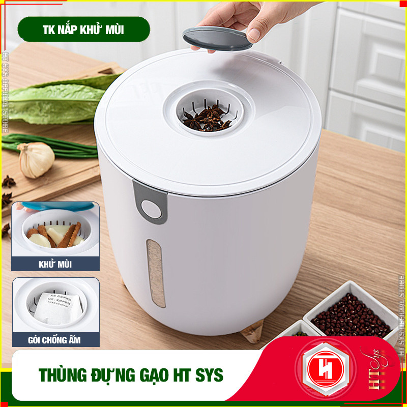 Thùng đựng gạo thông minh HT SYS - Thiết kế dạng nhấn nút - Chống kiến - Chống ẩm - Chống mọt - Chất liệu ABS cao cấp + Sét móc vàng tài lộc - Hàng Nhập Khẩu