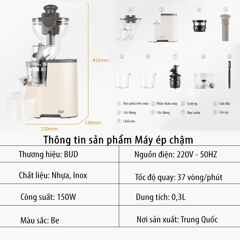 Máy Ép Trái Cây, Máy Ép Chậm Xiaomi BUD BJ-V10 Ép Kiệt 95% Lượng Nước Dung Tích 0.3 Lít Công Suất Ép 150 W - Hàng Chính Hãng Chờ duyệt