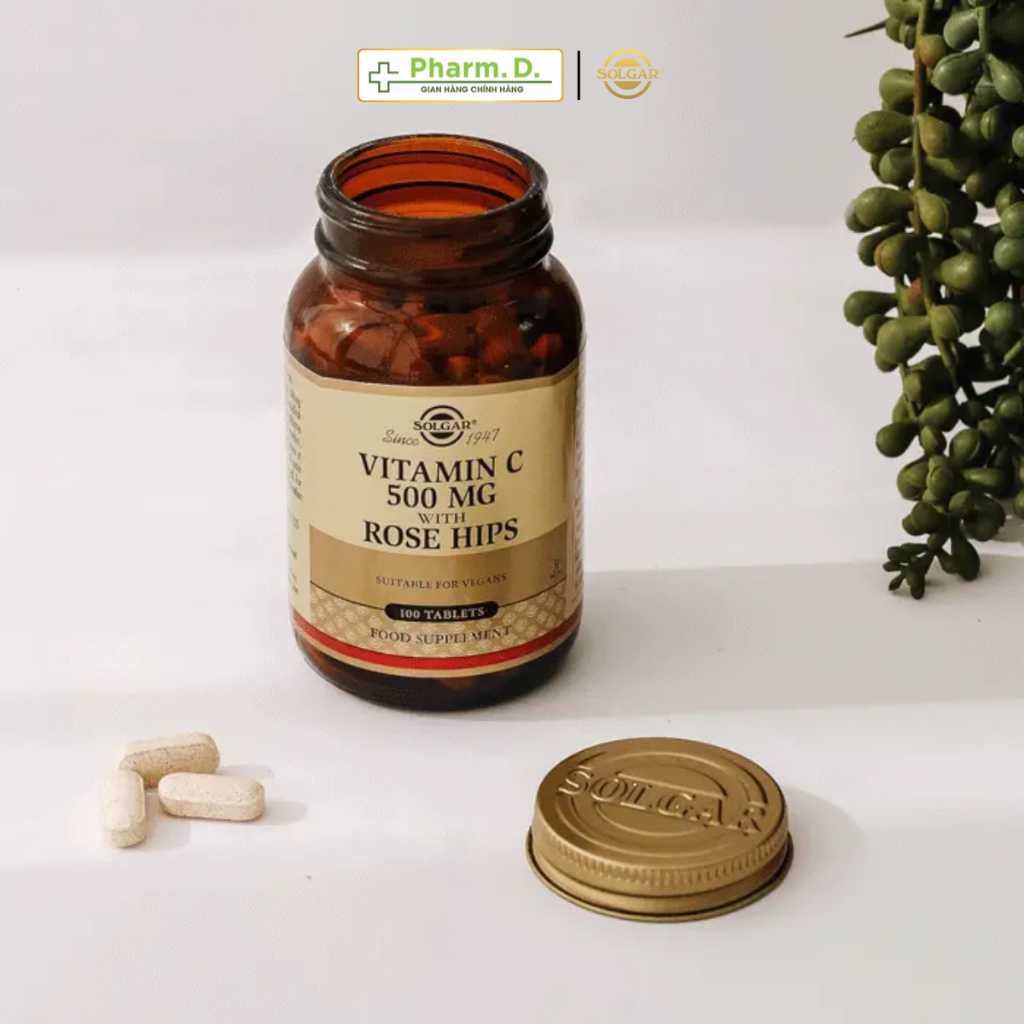 Viên Uống Bổ Sung Vitamin C, Tăng Đề Kháng, Chống Oxy Hóa với Dầu Tầm Xuân Solgar Vitamin C 500mg With Rose Hips (Hộp 100 Viên)