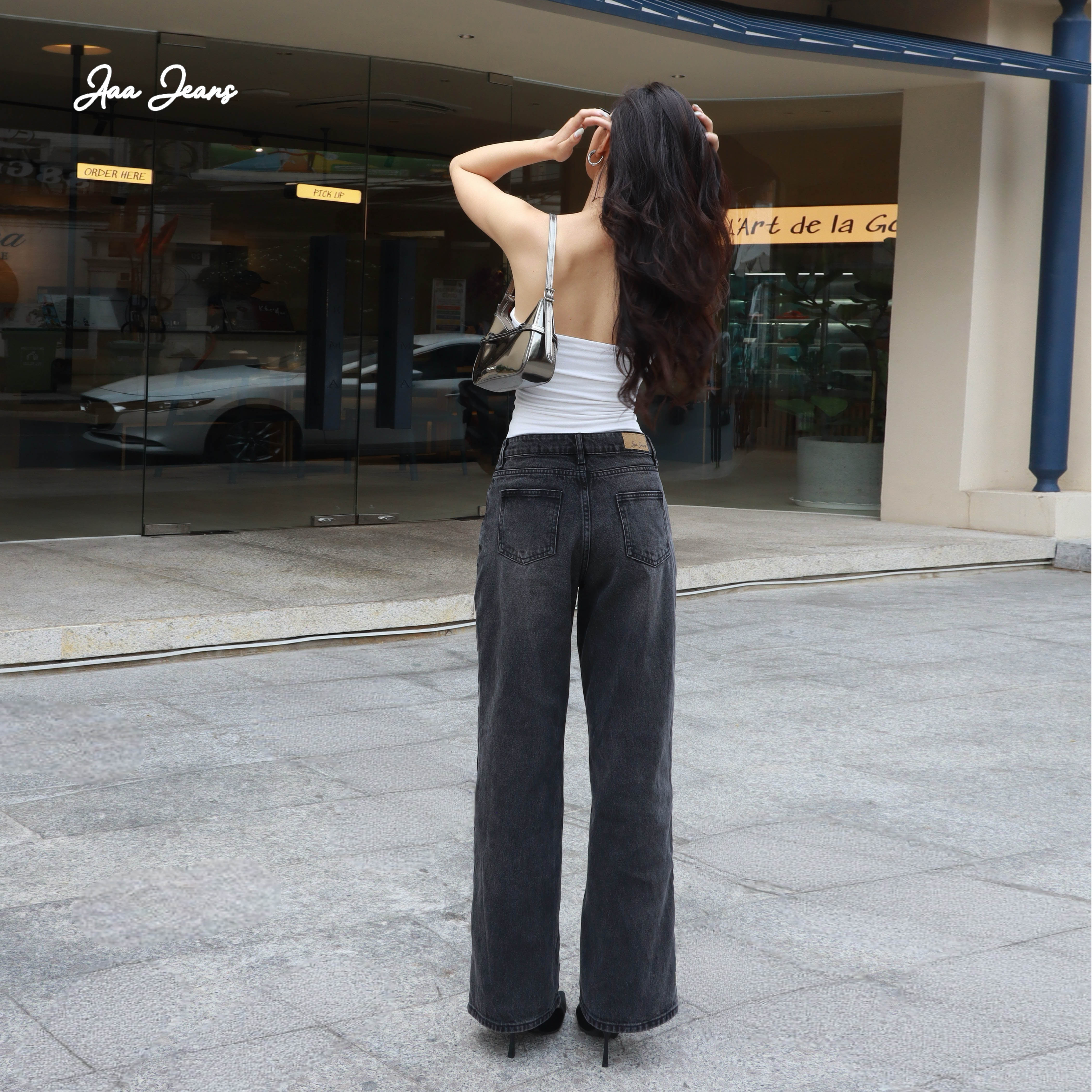 Quần jeans nữ màu xám ống suông lưng thấp Aaa Jeans
