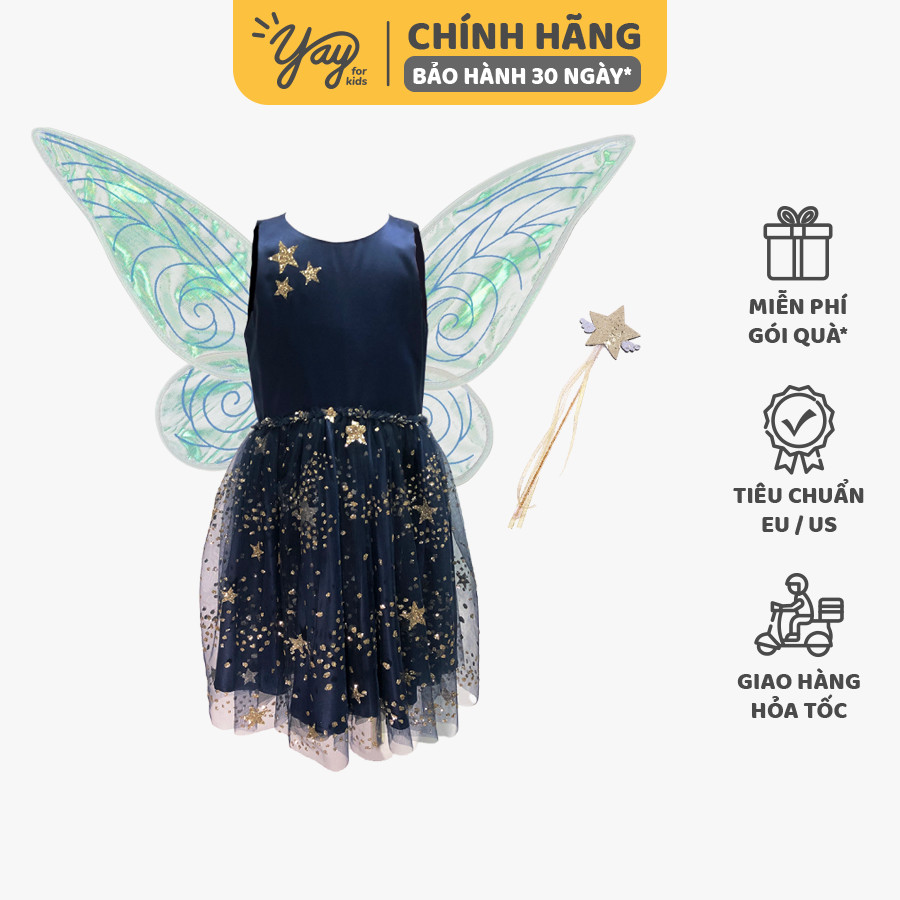 Combo Váy Lụa Xanh Sao Kim Tuyến Cánh Tiên Cho Bé