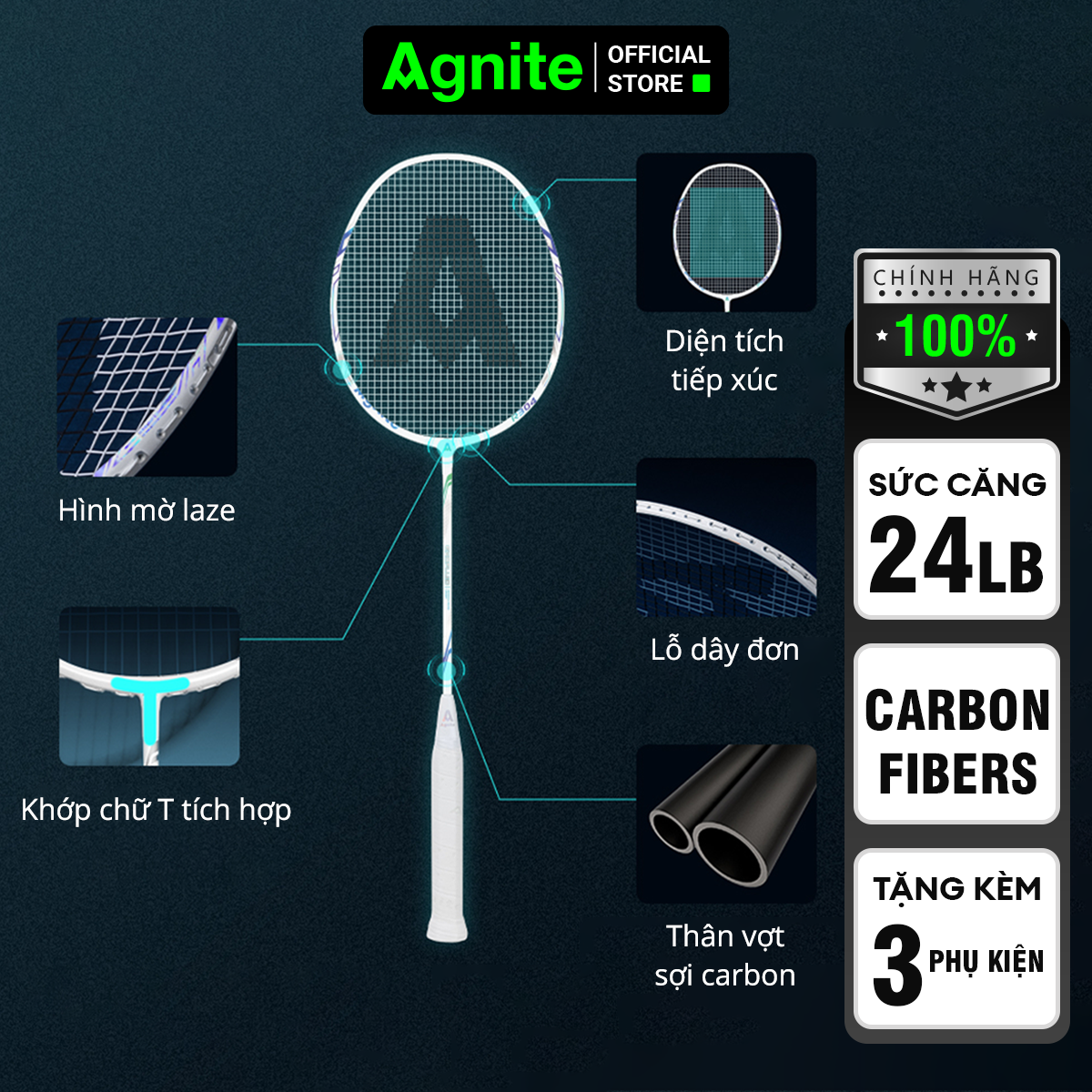 Vợt cầu lông đơn cao cấp Agnite, sợi CARBON, khớp nối liền siêu bền nhẹ tặng kèm 3 phụ kiện - ER304