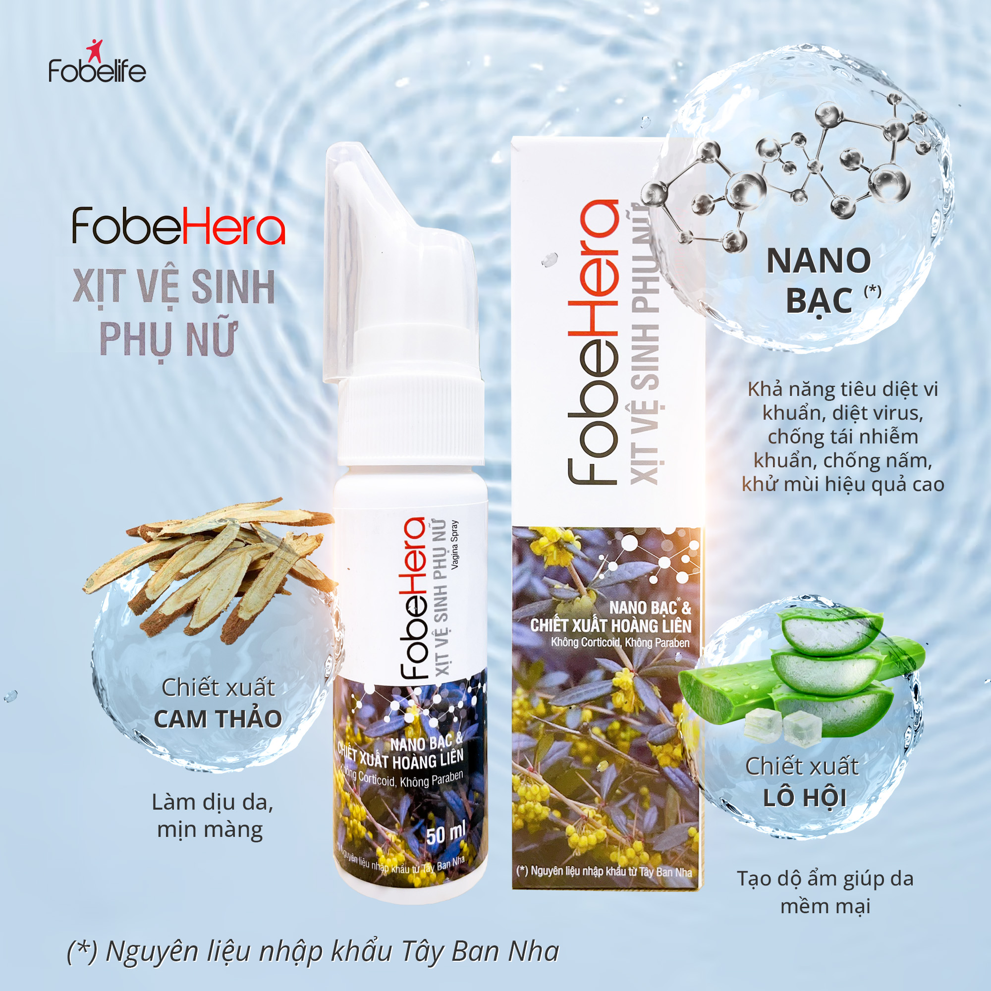 Chai Xịt Phụ Khoa Kháng Khuẩn Vùng Nhạy Cảm , Ngăn Ngừa Nấm Ngứa FobeHera - chai 50ml