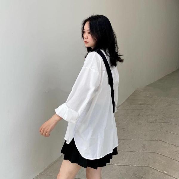 Áo sơ mi nữ form rộng, áo sơ mi trắng tay dài, vạt bầu, dáng suông, phong cách Hàn Quốc, thích hợp đi học và công sở