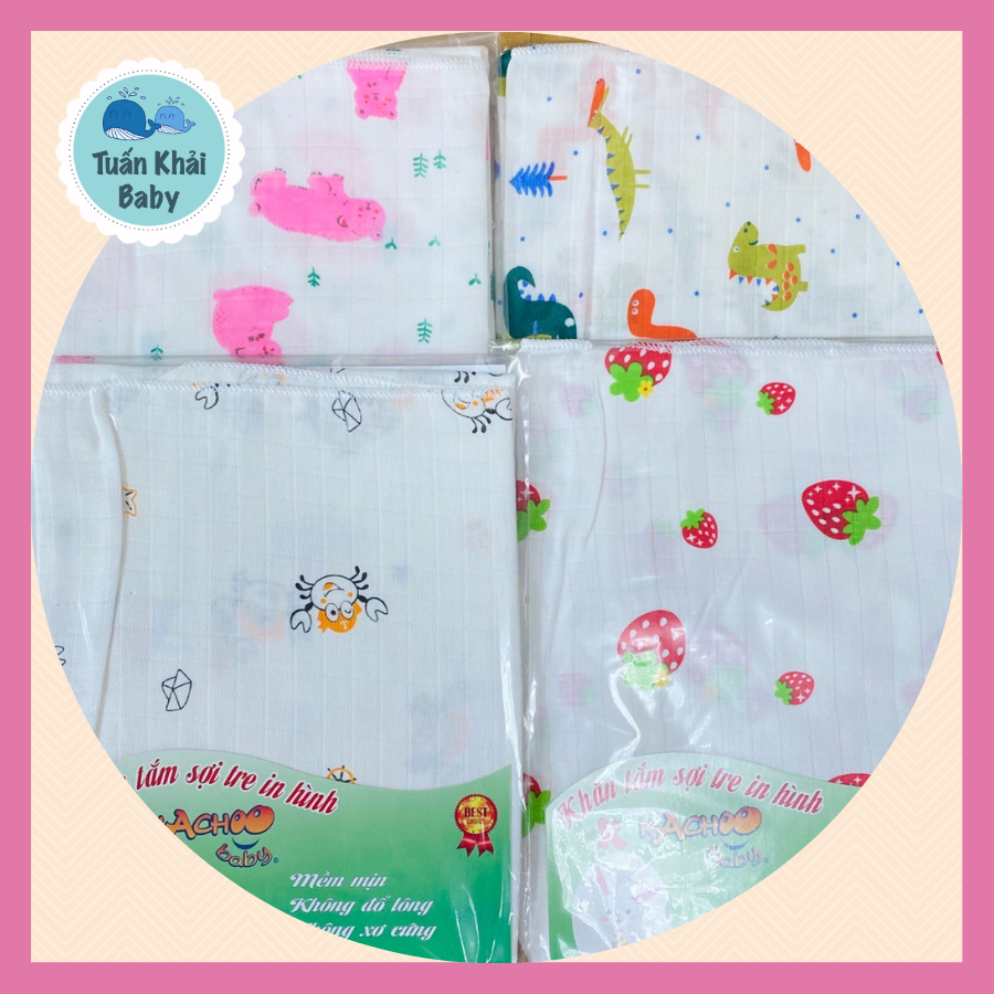 Khăn Tắm Sợi Tre 2 Lớp cao cấp KachooBaby in hình - Túi 1 cái kích thước 80x80 cm