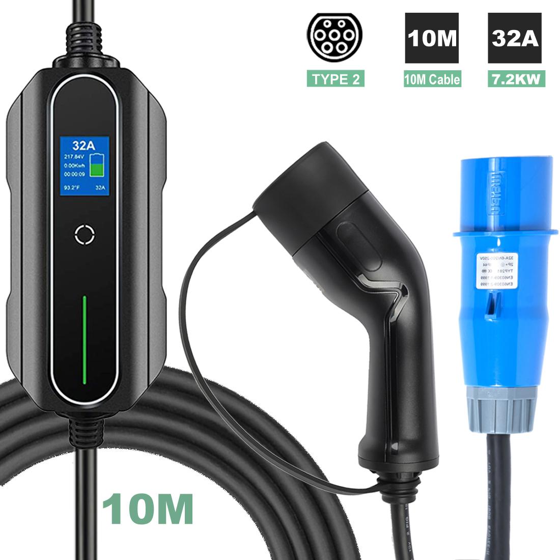 Bộ sạc EV di động 10 mét Type 1 J1772 Type 2 32A Single Phase 7.2kW Cấp 2 10M Xe điện CEE CEE