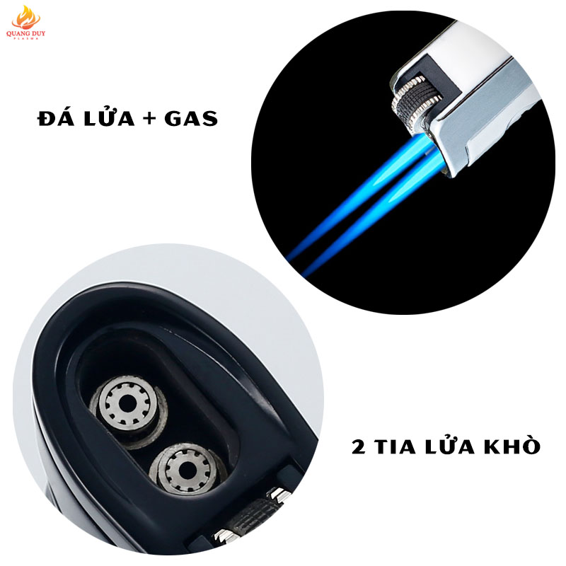 Hộp quẹt khò 2 tia khò mạnh mẽ, cửa sổ hiện gas, đánh đá kết hợp cùng khí gas