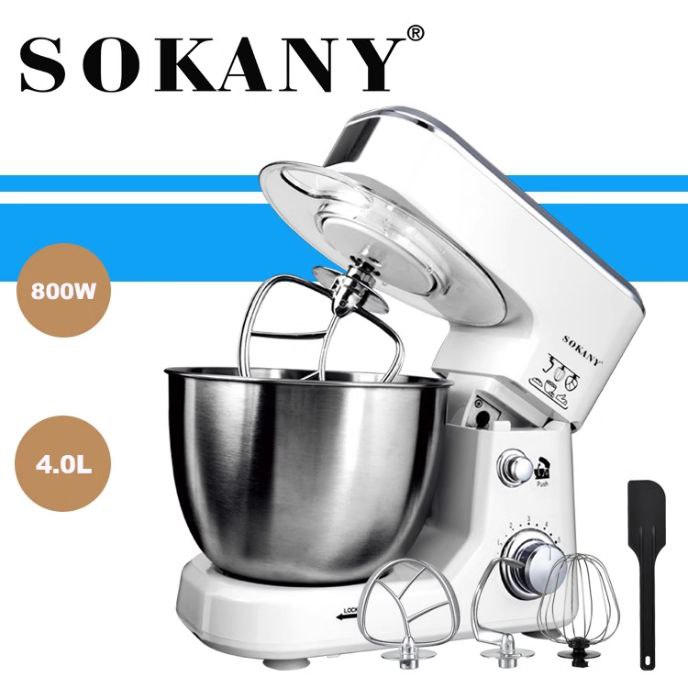 Máy đánh trứng trộn bột để bàn SOKANY SC-209, công suất lớn 800W,  cối INOX 4L trộn bột, nhào bột tự động - HÀNG CHÍNH HÃNG
