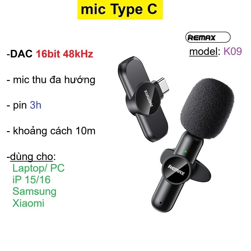 Micro thu âm không dây Type C kẹp cổ áo Remax K09 dùng cho Samsung/ iP15/ xiaomi/ Laptop/ PC _ Hàng chính hãng