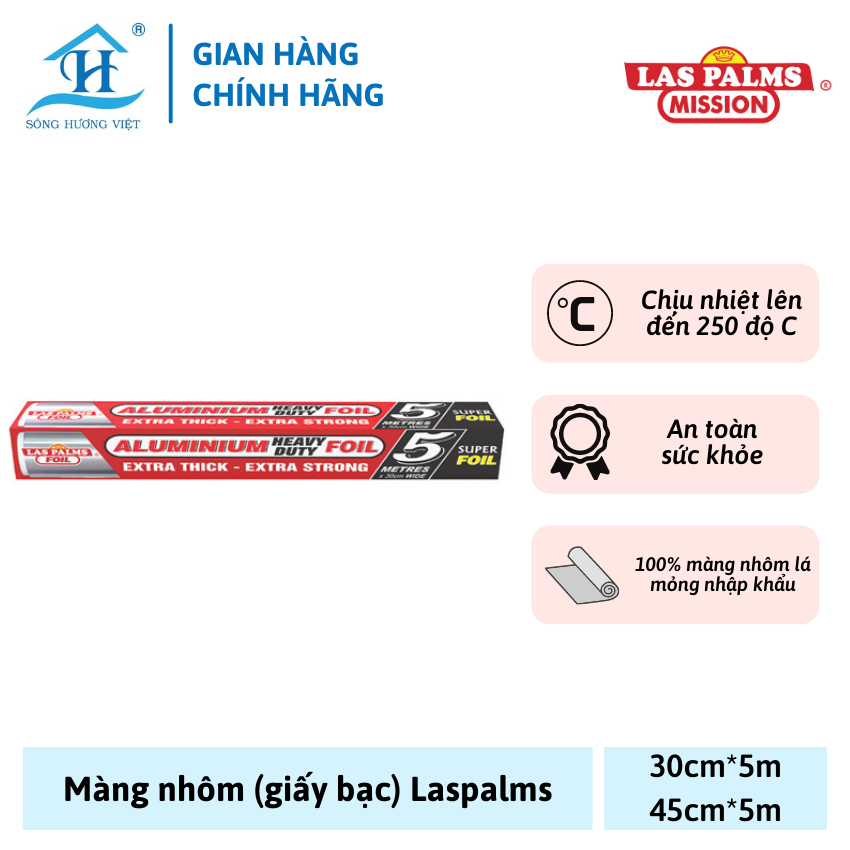 Màng nhôm (giấy bạc) 45cm*5m LASPALMS, chịu nhiệt, dùng nướng thực phẩm an toàn sức khỏe - Hàng chính hãng Sông Hương Việt