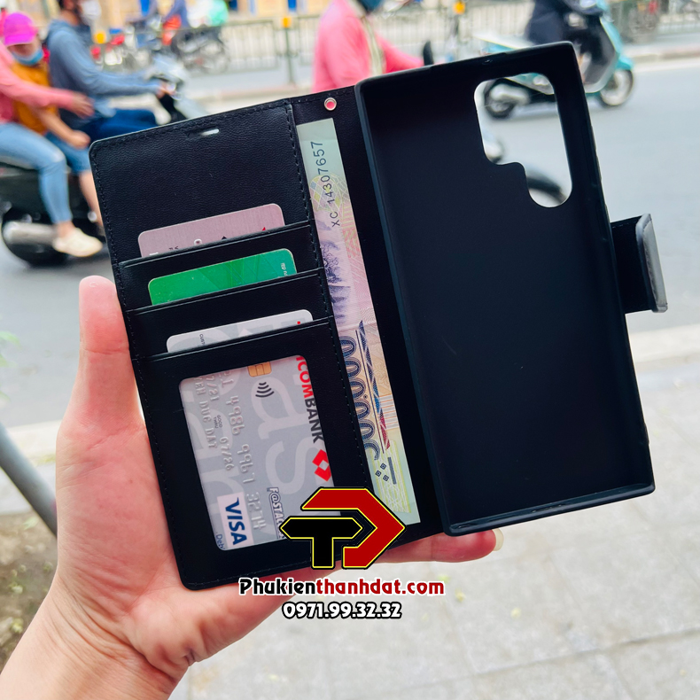 Bao da dạng ví cho SamSung Galaxy S23 Ultra hiệu Hanman có quai cài có ngăn để thẻ ATM và để tiền, bao da may viền - Hàng chính hãng