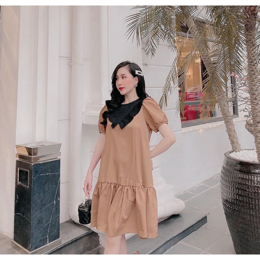 Váy suông đuôi cá cổ bèo phối màu, đầm xuông rộng freesize tay bo phồng, 3 màu mã V209 - Michi's House