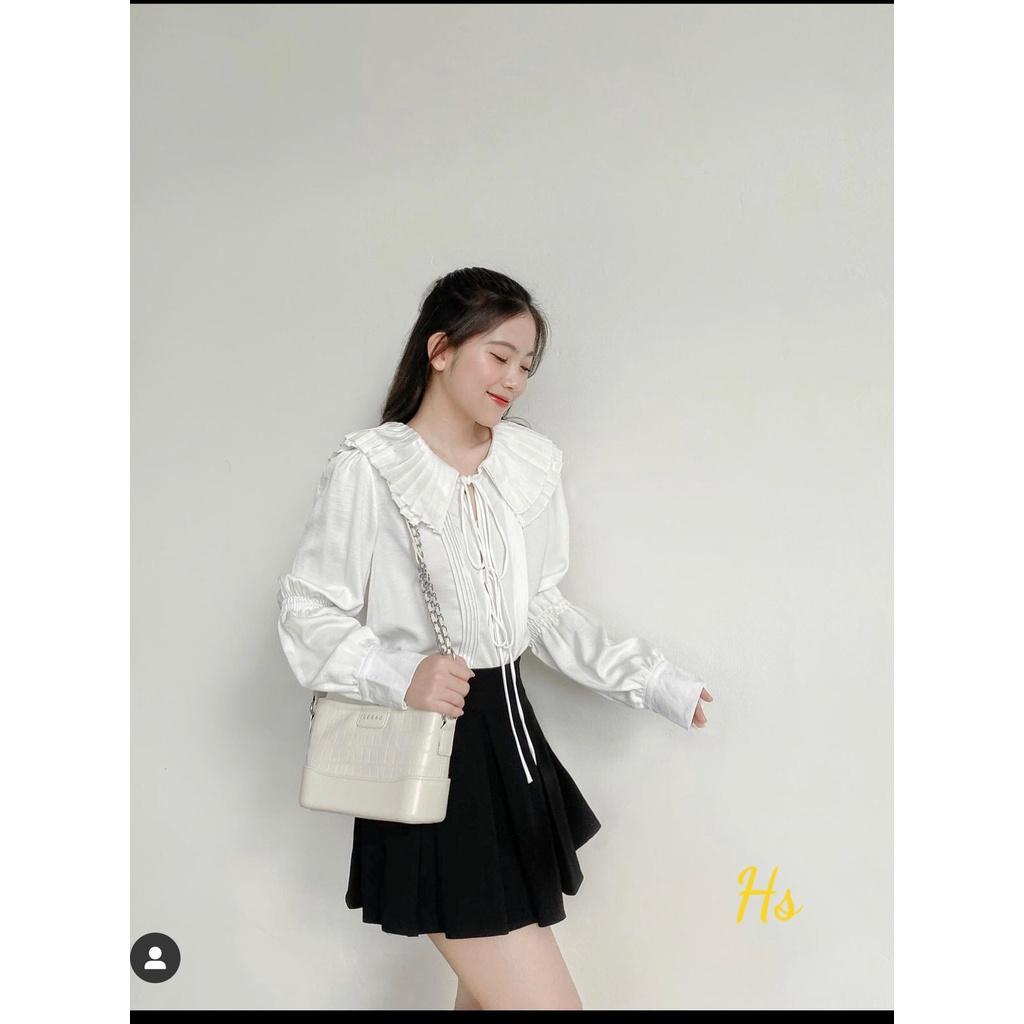 Áo Sơ Mi Nữ Lụa Trắng Cổ Bèo Xếp Ly Dây Buộc Dài Tay