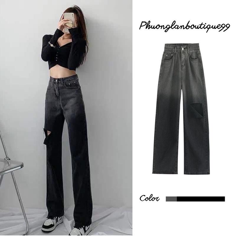 Quần jean Quần bò loang ống rộng BIG SIZE unisex màu đen khói dài ống đứng style Ulzzang dành cho nữ PHULA