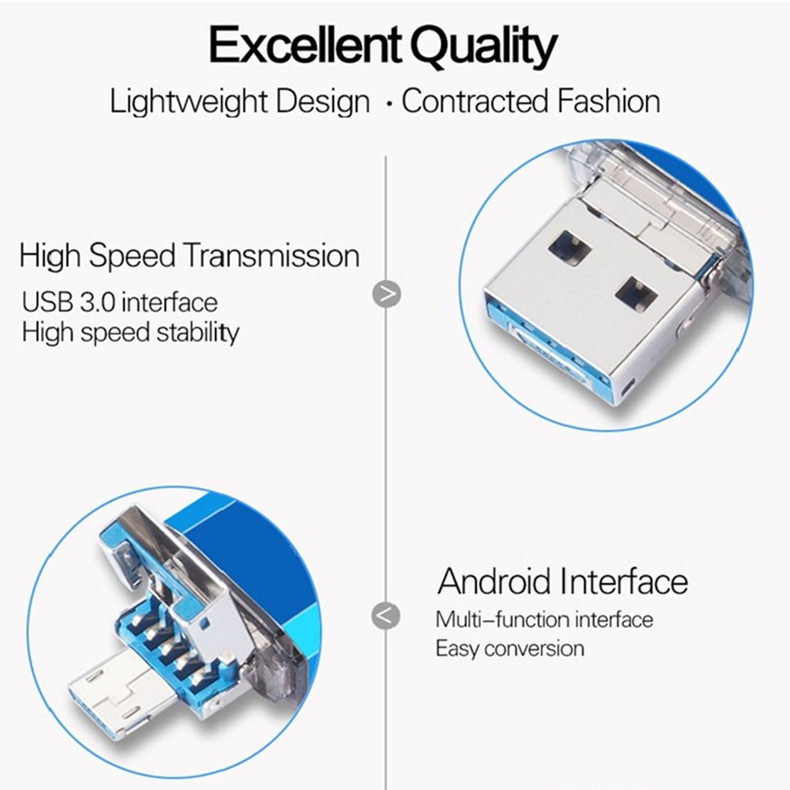Portable 3 in 1 64GB USB 3.0 Flash Drive Type- USB Memory Stick Blue