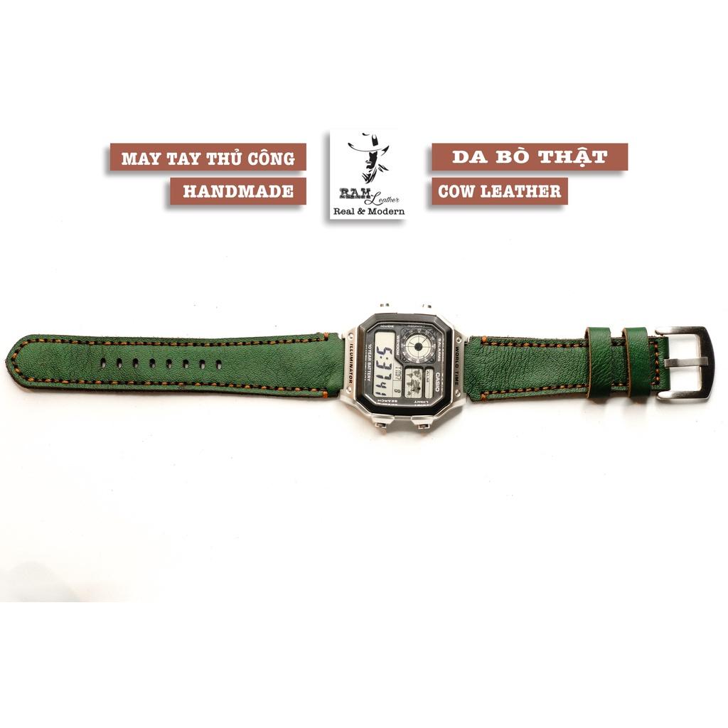 Dây Casio AE 1200 da bò xanh rêu RAM 1984 - tặng khóa chốt và cây thay dây