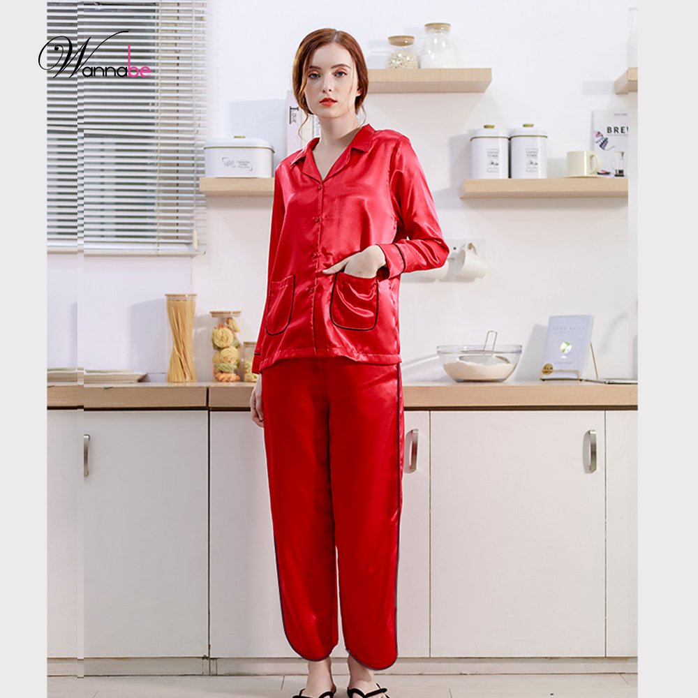 Đồ bộ mặc nhà pijama nữ WANNABE BDS44 đồ bộ quần dài phối áo tay dài trang trí hai túi bo tròn xinh xắn nữ tính quý phái