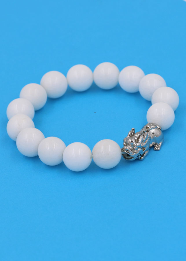 Vòng đeo tay san hô trắng 12 ly - cẩn Tỳ Hưu inox VTATTHT12 - hợp mệnh Kim, mệnh Thủy