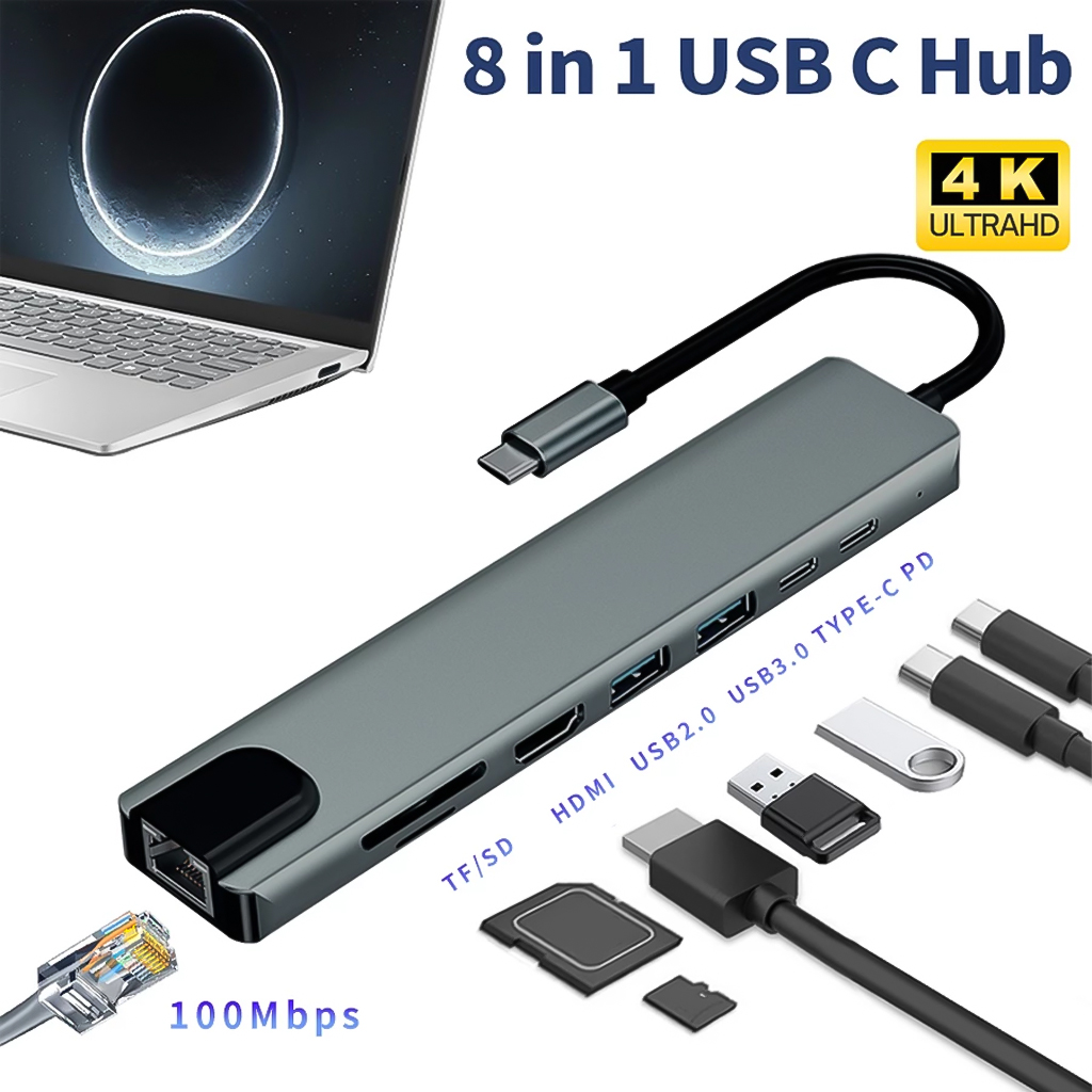 Vinetteam Hub USB TYPE-C 8 Cổng HDMI 4K 60Hz/ USB 3.0/ TF/ SD/ RJ45 100Mbps Dành Cho Macbook, PC Và Devices - Hàng Chính Hãng