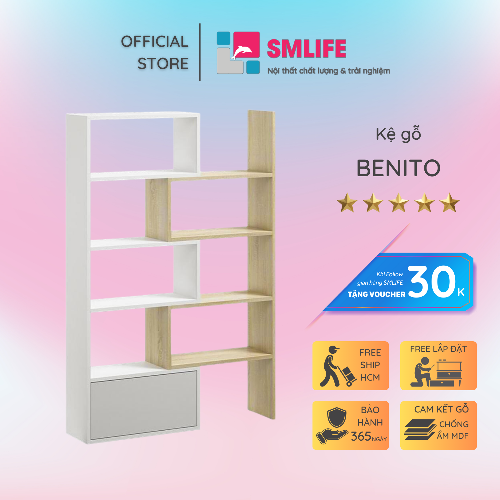 Tủ để sách hiện đại tích hợp nhiều ngăn SMLIFE Benito