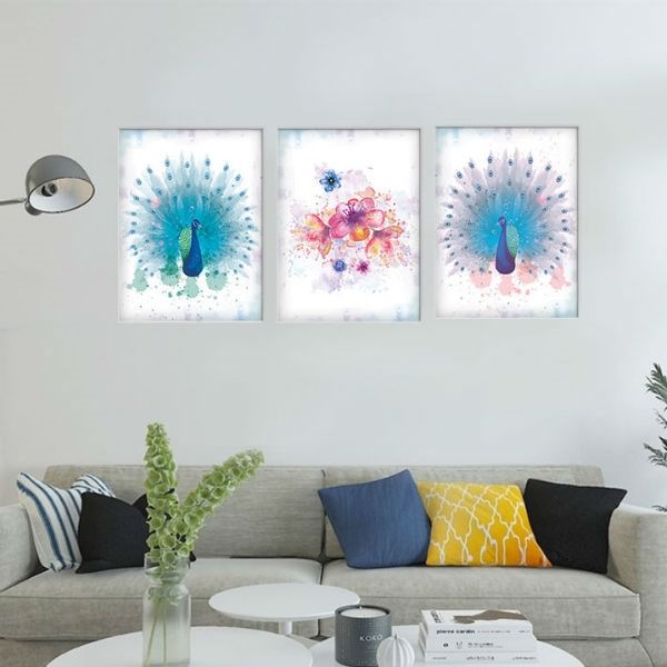 Bộ 3 Tranh Canvas Viền Composite Chim Công: "Khổng Tước" W063