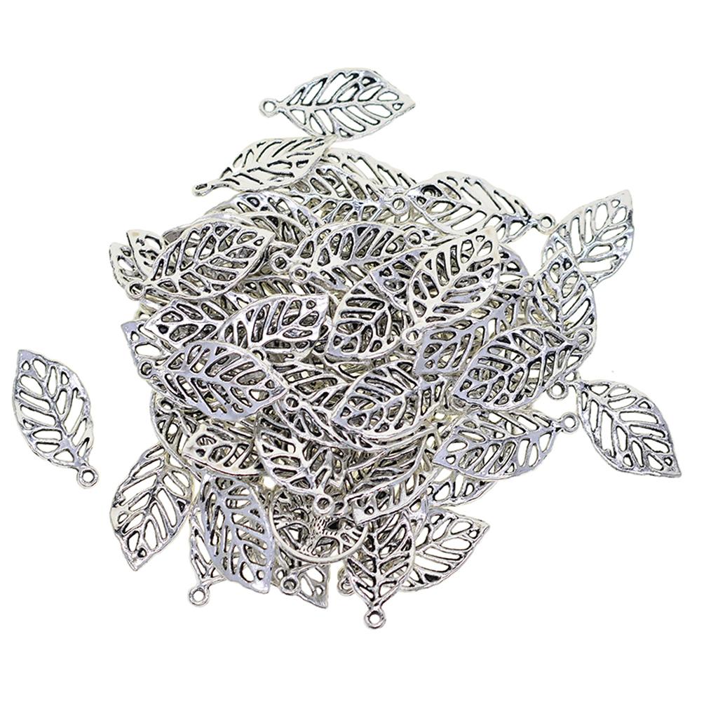 50 Pieces Filigree Leaf Charms Pendant Jewelry DIY Making Tibet Silver