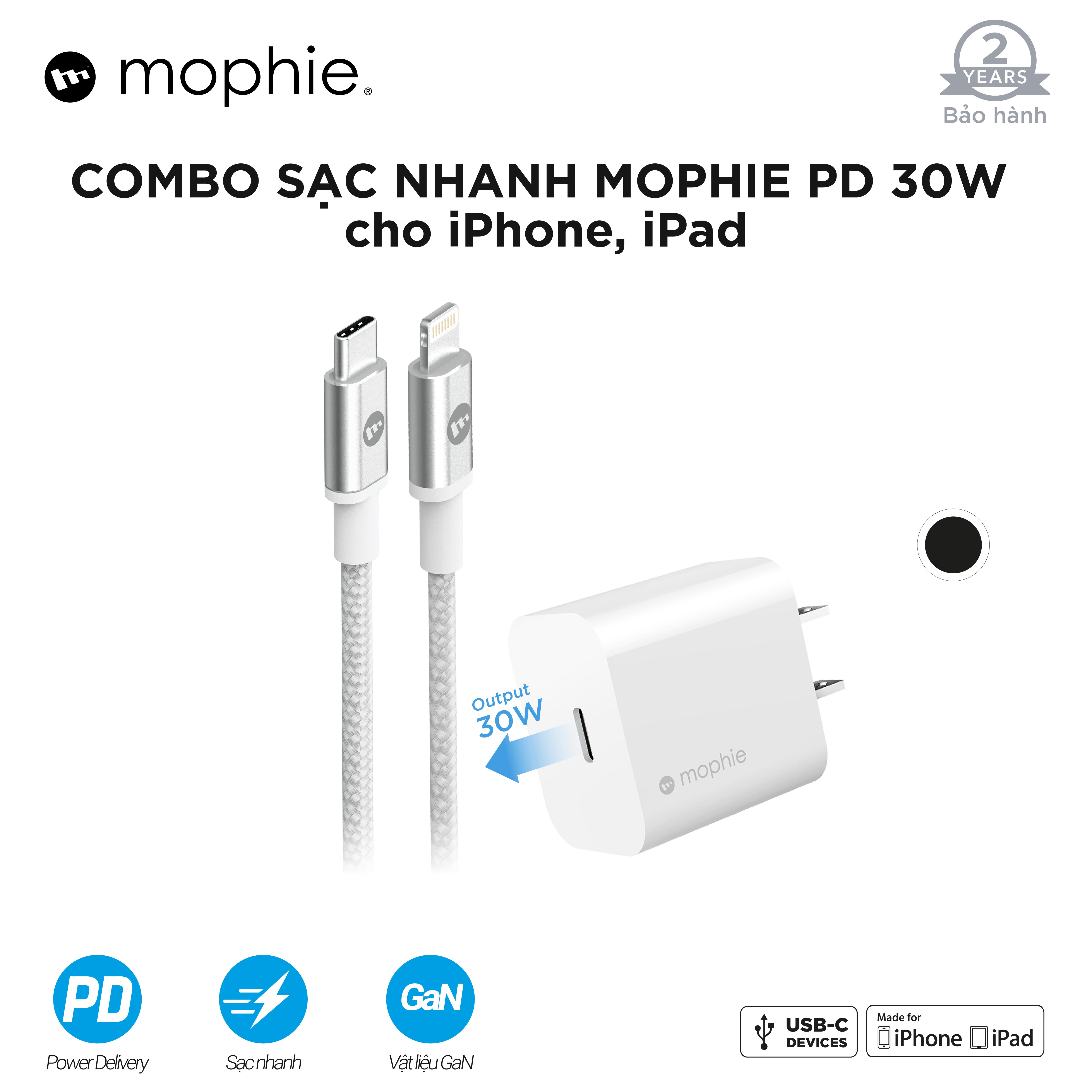 Combo sạc nhanh Mophie Power Delivery 30W dành cho iPhone/ iPad - Hàng chính hãng