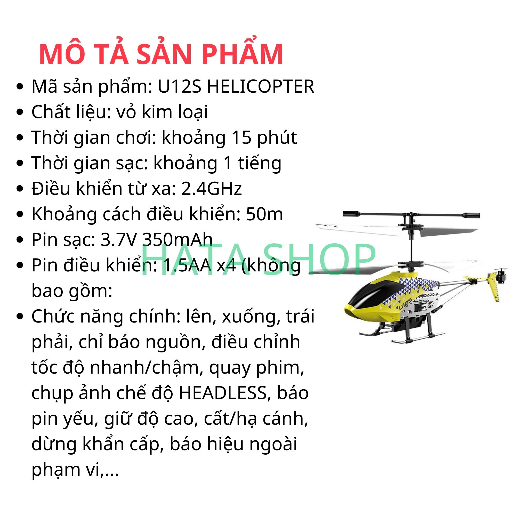 Máy Bay Trực Thăng U12S Helicopter Có Wifi Camera Chụp Ảnh/Video Bản 2 Pin Sạc Điều Khiển Từ Xa, mô hình máy bay trực thăng trên không