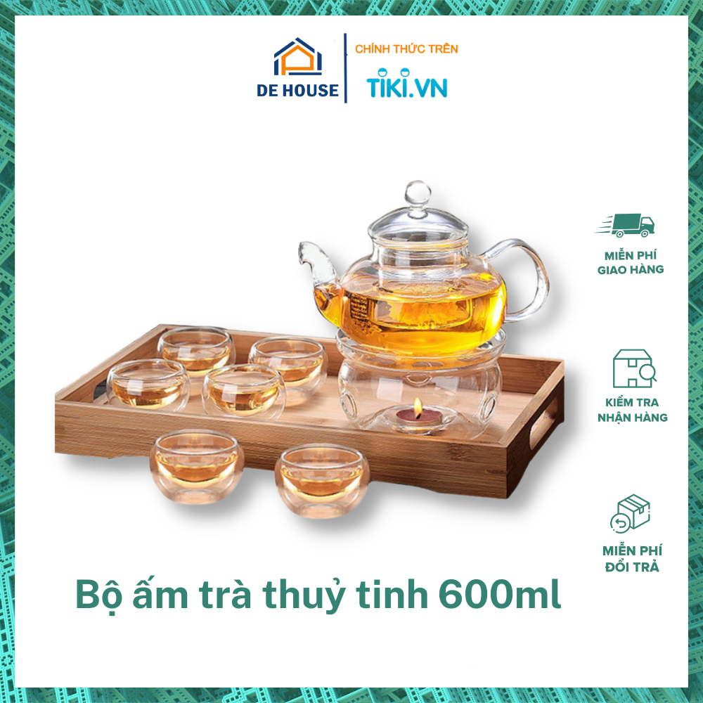 Bộ Ấm Chén Pha Trà Thuỷ Tinh Có Lõi Lọc - Bình Trà Hoa Cúc 600ml Kèm 6 Chén Và Đế Đựng Nến