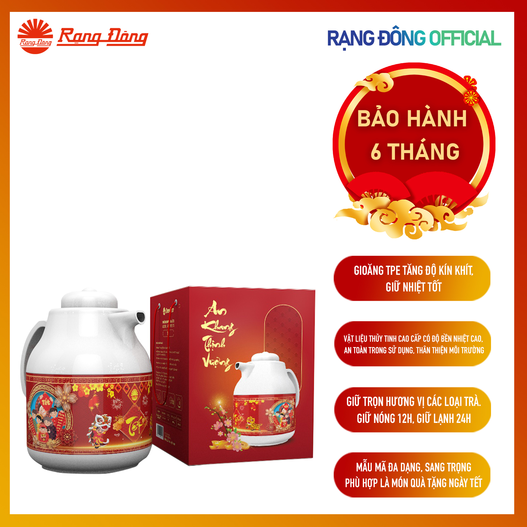 Phích Tết Rạng Đông 2025 model 1055 TS dung tích 1 lít, hoa văn tết đẹp mắt, trang nhã, quà tặng Tết ý nghĩa cho gia đình, người thân