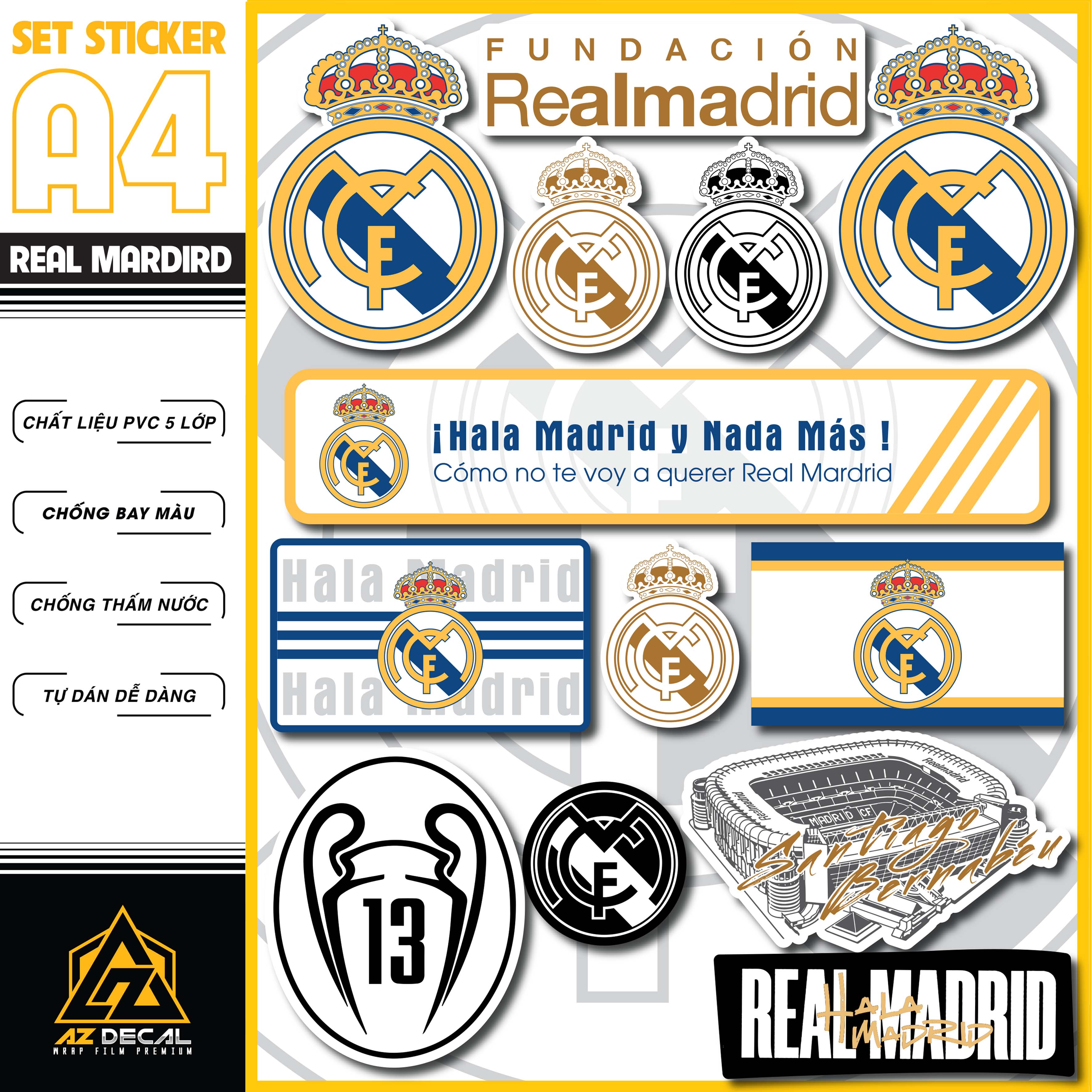 Hình Dán Sticker CLB Real Madrid Dán Tem Xe, Dán Nón, Điện Thoại, Laptop - Chất Liệu Chống Thấm Nước, Bền Màu