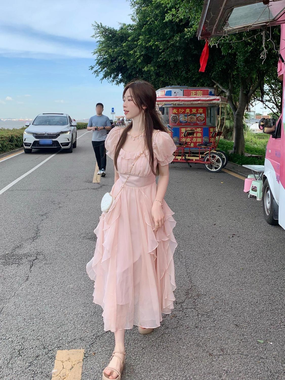 SHUANGYAN Phong cách Pháp cổ vuông nhẹ nhàng Fairy Wind Dress cho phụ nữ mùa hè 2023 Thắt lưng cho phụ nữ