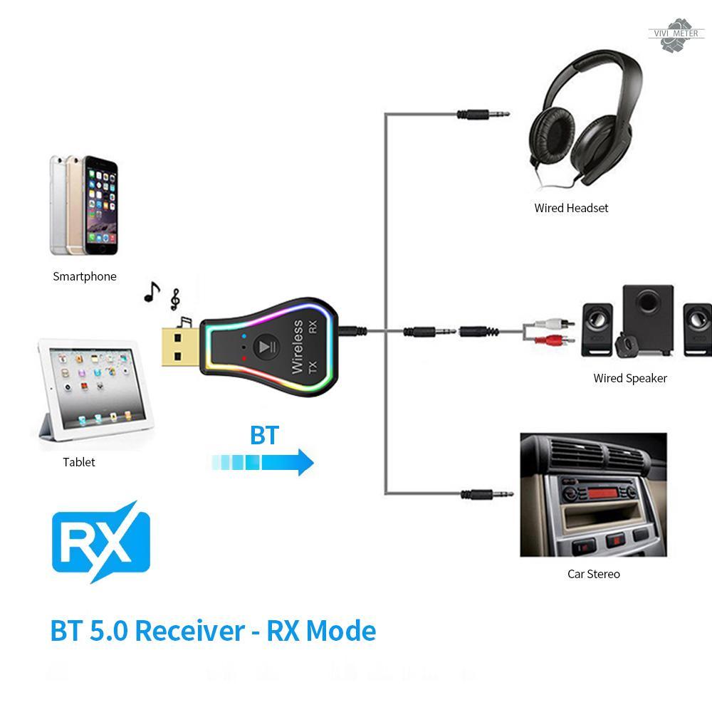 BT 5.0 Transmitter Receiver Portable Wireless Transceiver 2-in-1 Audio Adapter RGB Lighting Effect Low Latency