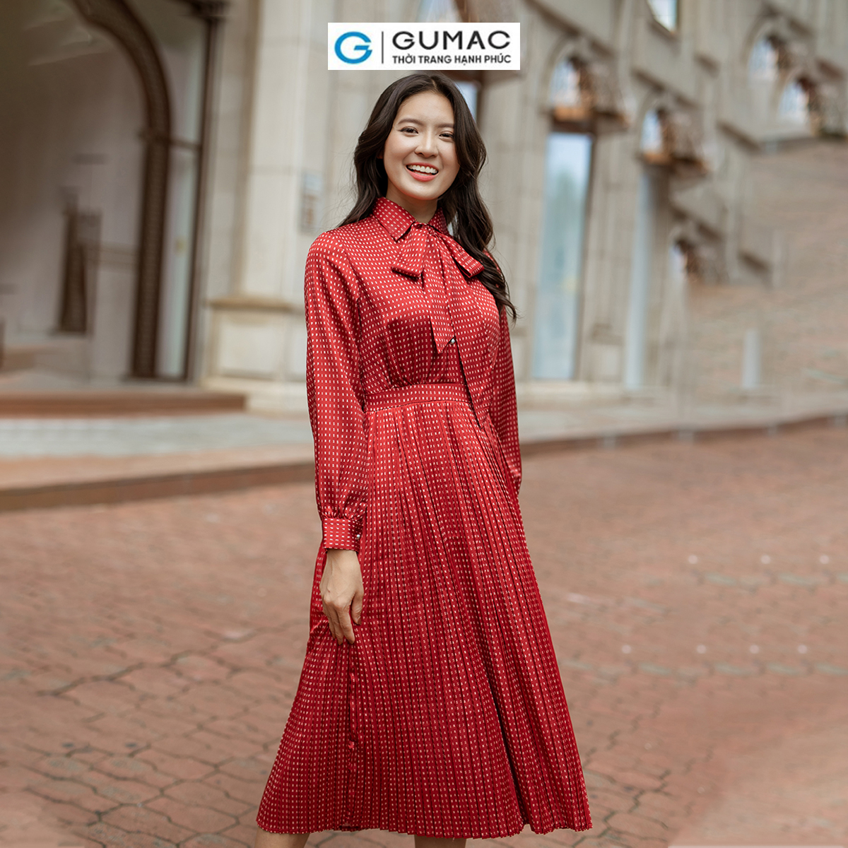 Đầm dập ly buộc nơ phong cách thời thượng thời trang GUMAC DD06042