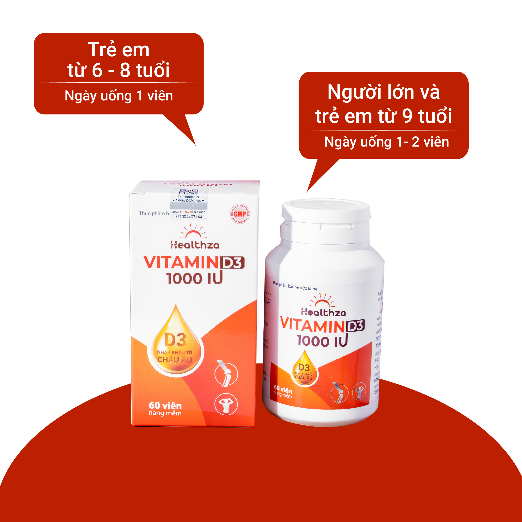 Viên uống Healthza Vitamin D3 1000 IU hộp 01 lọ/60 viên
