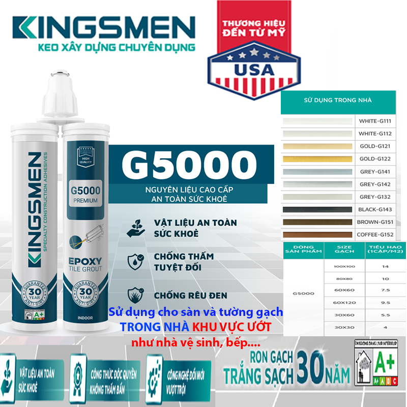 Keo Ron Gạch Epoxy G5000 - Dành cho nhà tắm, bếp  - Thế Hệ Mới Kingsmen. RON GẠCH TRẮNG SẠCH 30 NĂM - Keo Ron gạch 2 thành phần