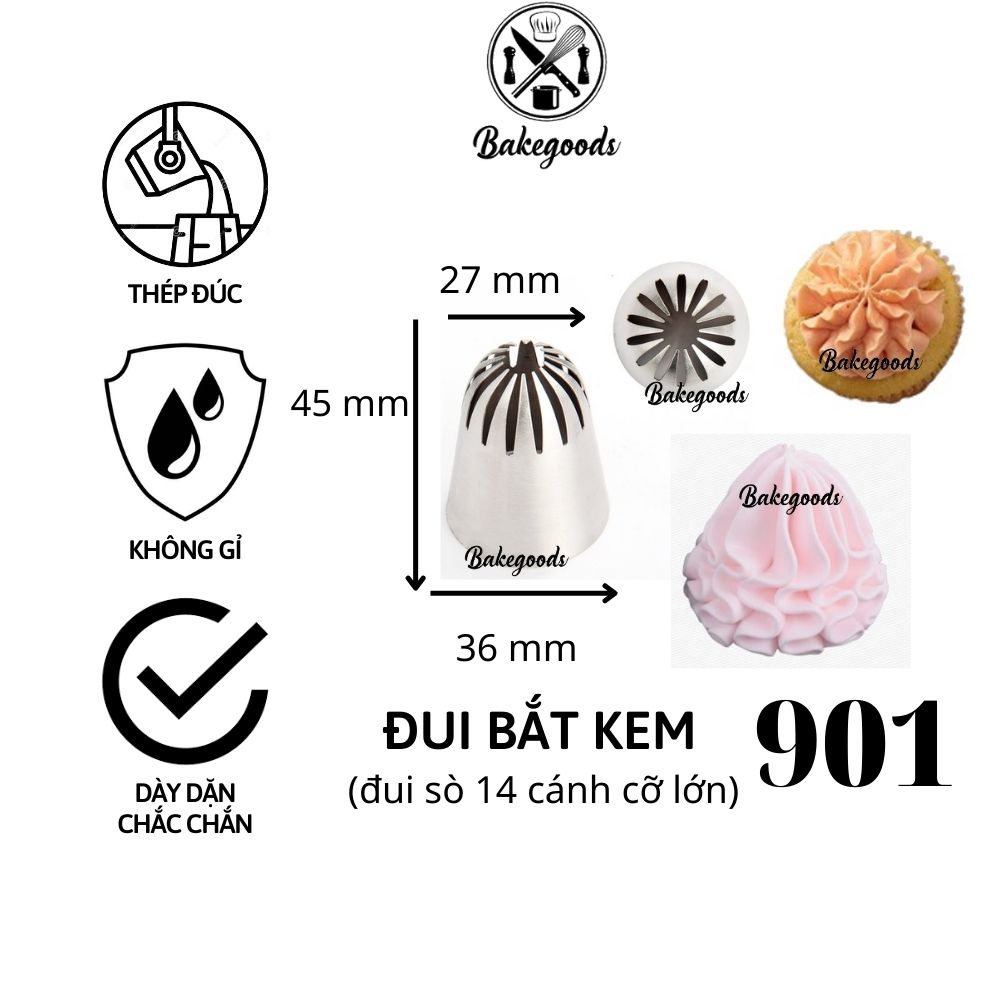 Đui bắt kem 901 cỡ lớn, Đuôi bắt bánh quy, đui bắt hoa trang trí bánh bằng thép không gỉ đúc liền khối dày dặn, cứng cáp