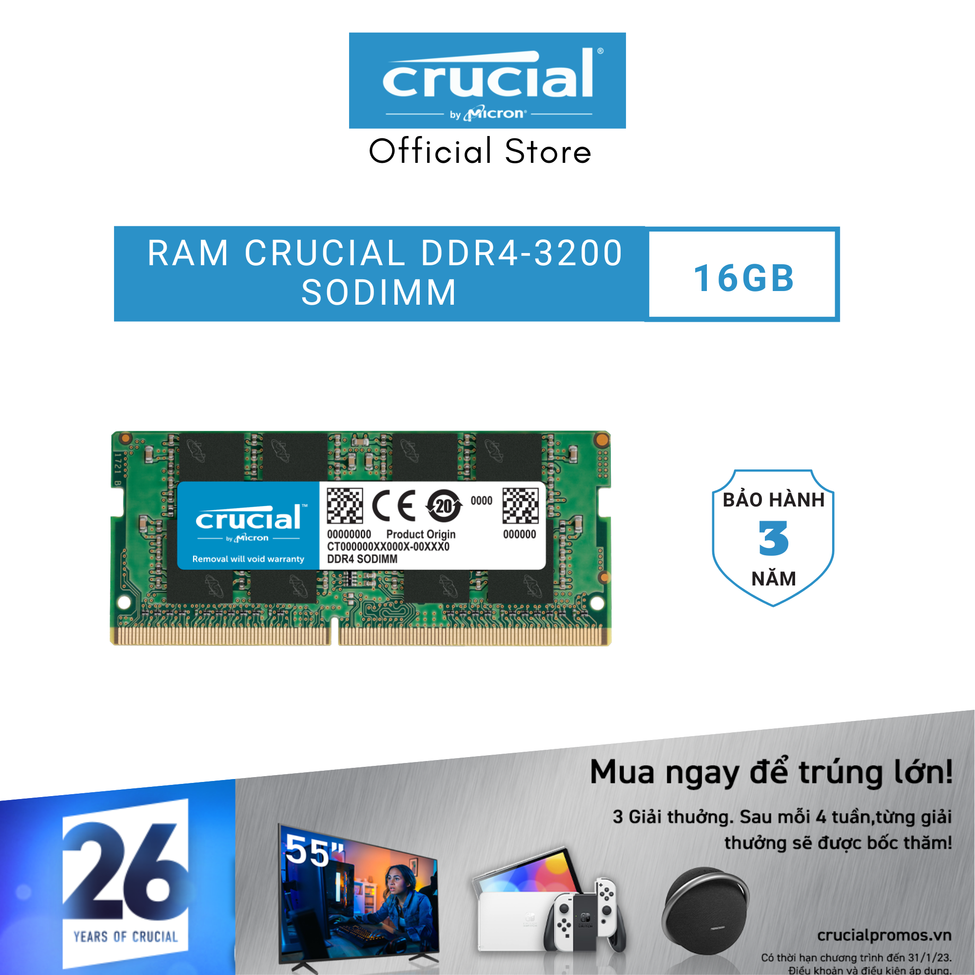 Ram Laptop Crucial DDR4 16GB Bus 3200MHz CL22 1.2v CT16G4SFS832A - HÀNG CHÍNH HÃNG