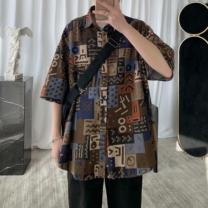 Áo sơ mi ngắn tay dáng rộng in họa tiết cá tính thời trang mùa hè cho nam
