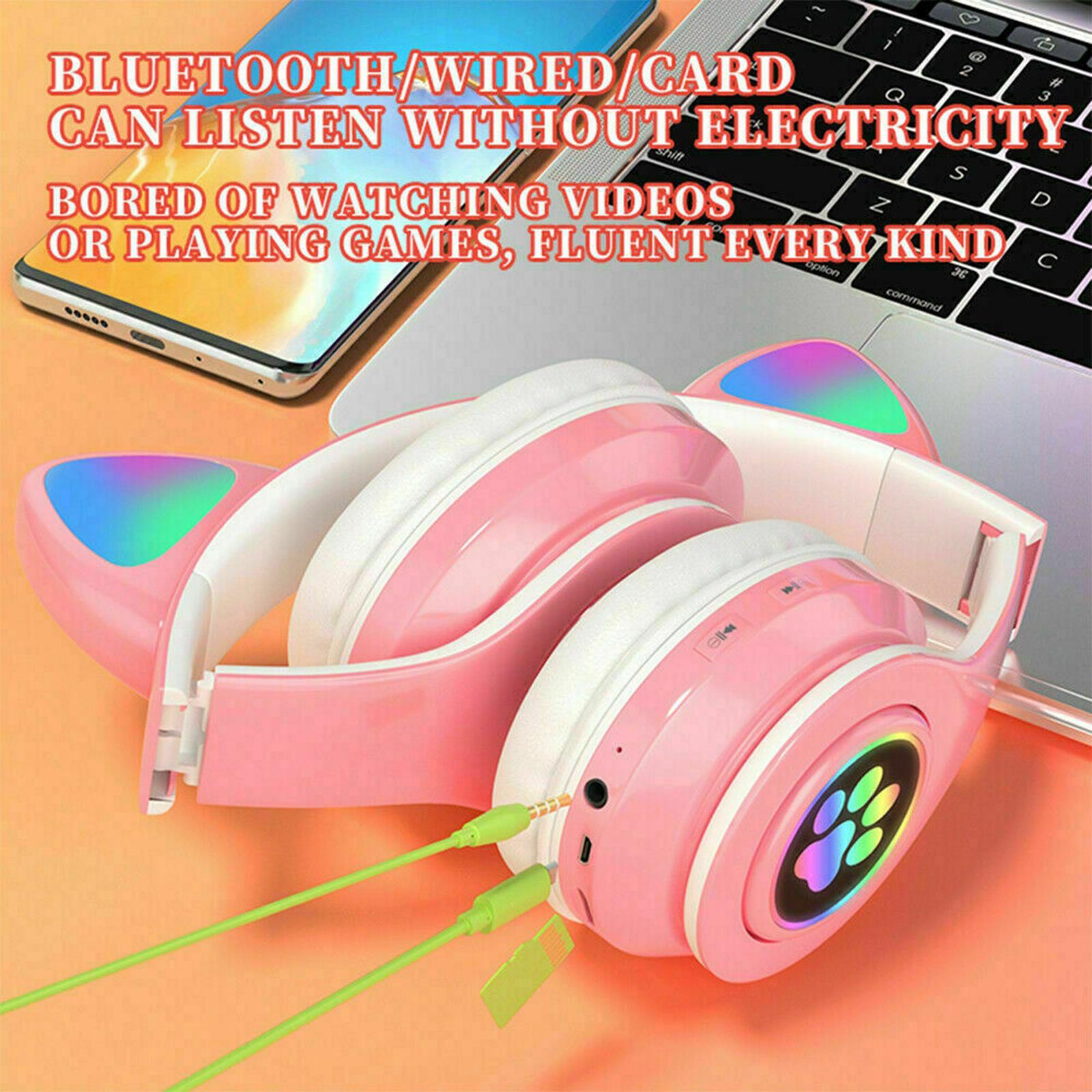 Girl Wireless Gaming Headset, Cute Cat Ear Headset with LED Lights, Noise Cancelling Stereo Gaming Headphones, Fashion Bluetooth 5.0 Headset for Kids